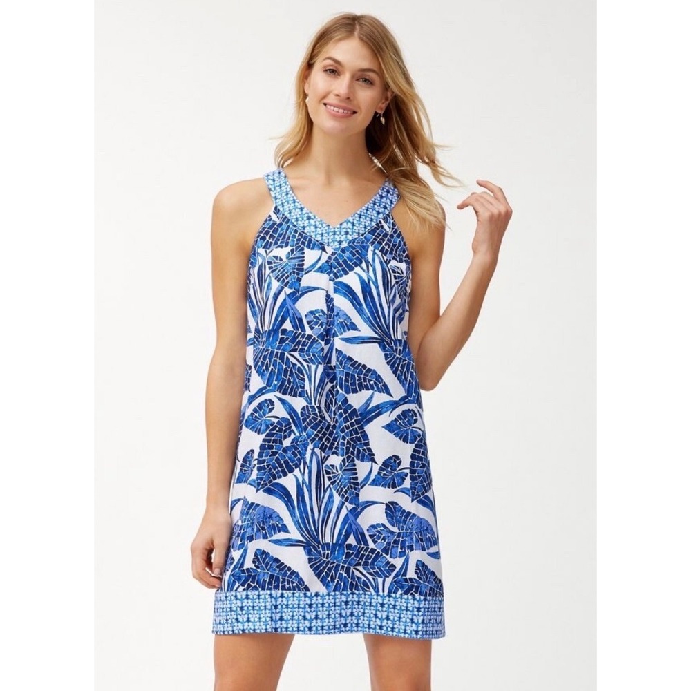 Tommy Bahama Blue White Tropical Linen V-Neck Shift Dress XS Sleeveless Floral
